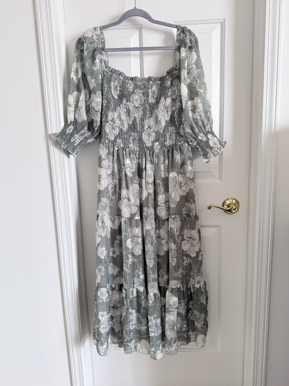 Baltic Born Flowy Tiered Floral Midi Dress Puff Sleeve Shimmer Gray Green Silver
